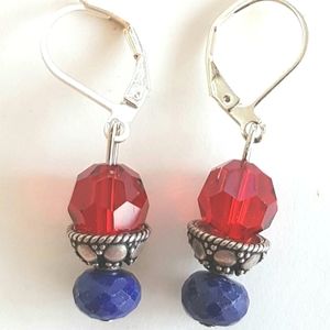 🎁 Earrings Red Blue Lapiz Silver Tone Pierced